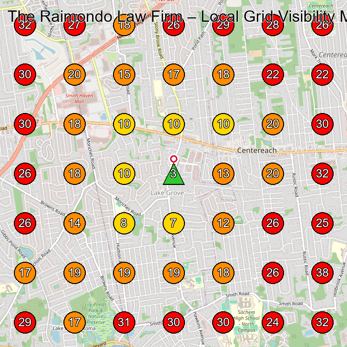The Raimondo Law Firm GeoGrid visibility map for Personal Injury Attorney in Ronkonkoma